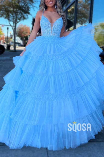 V-Neck A-Line Appliques Tiered Tulle Party Prom Evening Dress QP3421