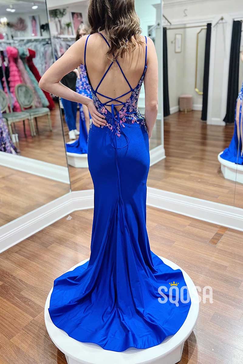 V-Neck Spaghetti Straps Appliques Beaded With Side Slit Party Prom Evening Dress QP3399