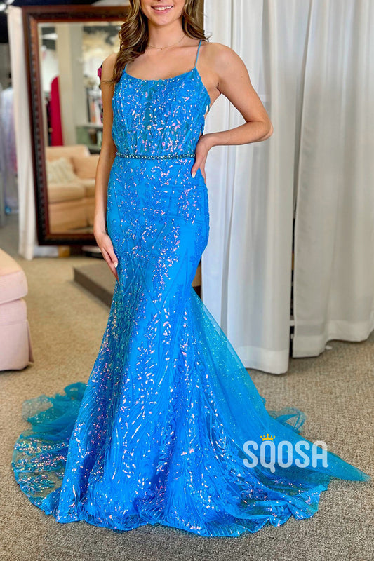 Sparkly Bateau Spaghetti Straps Lace Applique Trumpet Party Prom Evening Dress QP3356