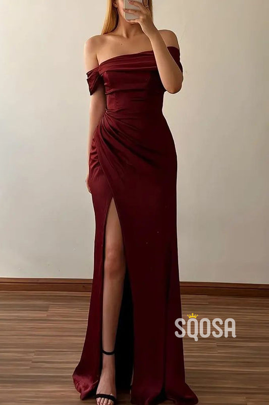 Fitted Off-Shoulder Ruched With Side Slit Party Prom Evening Dress QP3334