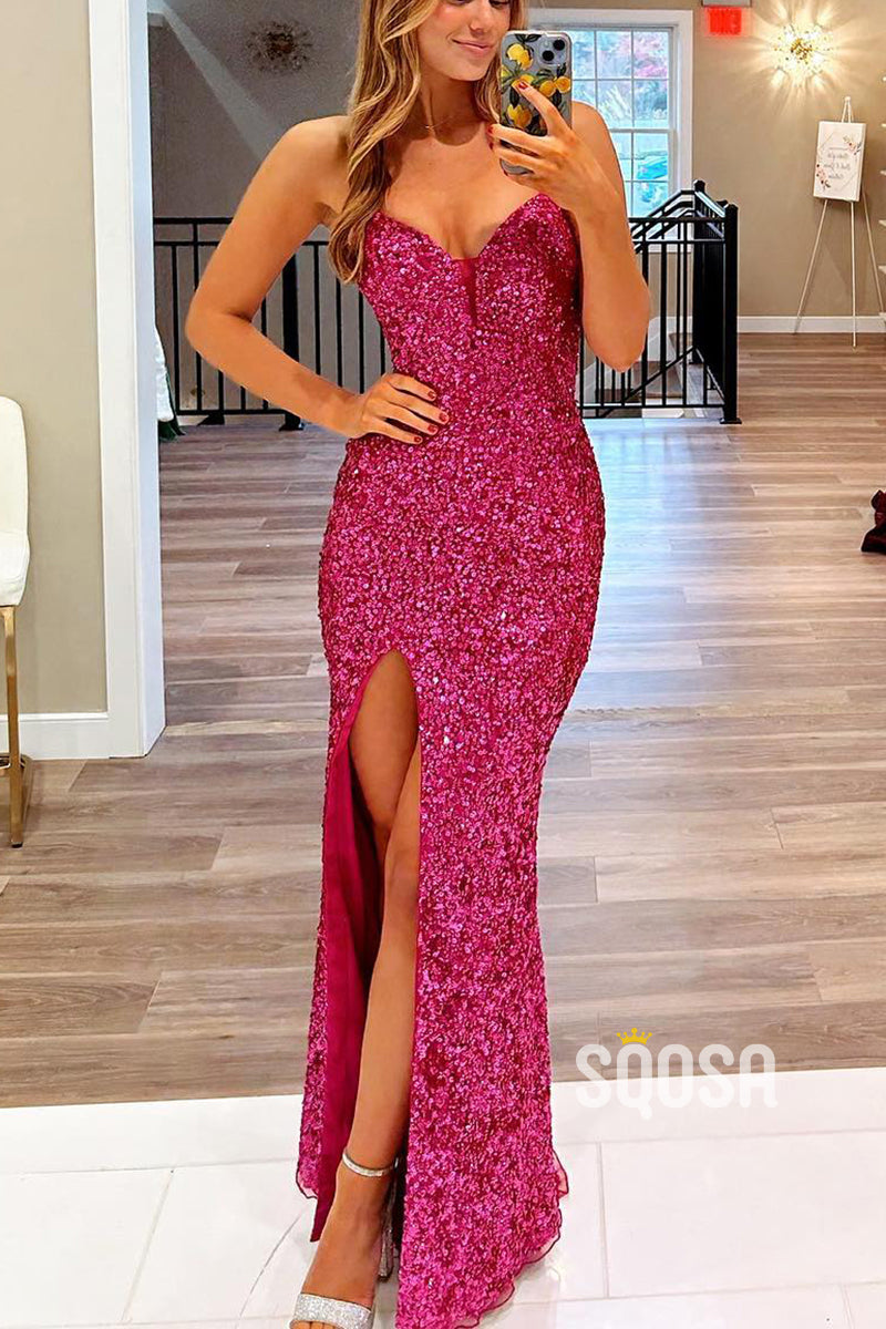 Glitter V-Neck Strapless Sequined With Side Slit Party Prom Evening Dress  QP3338