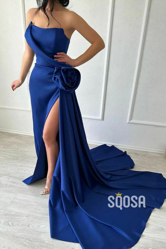 Bateau Strapless Floral  With Side Slit Train Party Prom Evening Dress QP3335