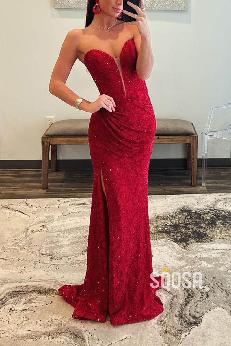 Sweetheart Strapless Beaded Appliques With Side Slit Party Prom Evening Dress QP3354