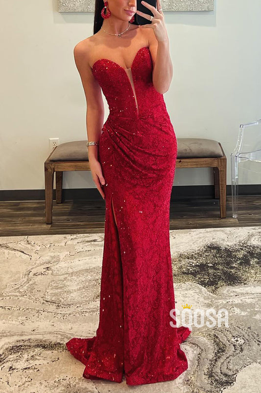 Sweetheart Strapless Beaded Appliques With Side Slit Party Prom Evening Dress QP3354