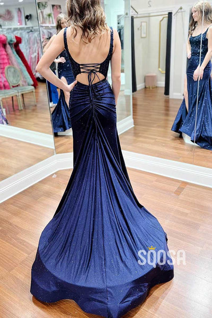 Bateau Spaghetti Straps Lace Applique With Side Slit Party Prom Evening Dress QP3397