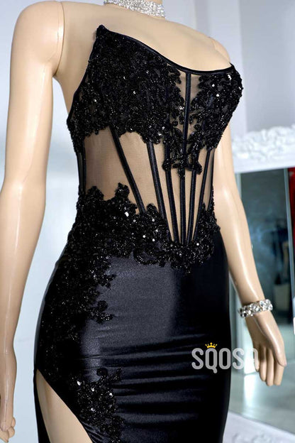 Chic Bateau Beaded Appliques Illusion With Side Slit Prom Evening Dress QP3439