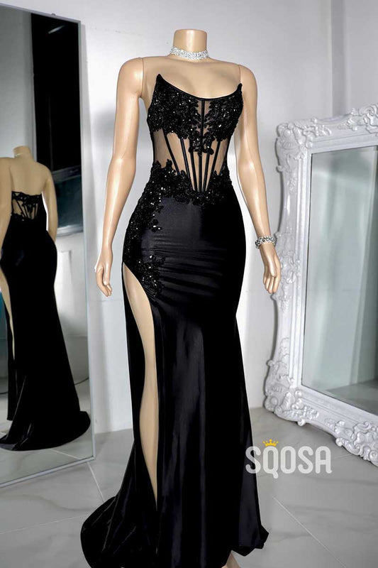 Chic Bateau Beaded Appliques Illusion With Side Slit Prom Evening Dress QP3439
