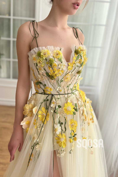 Tulle A-Line Spaghetti Straps Floral Appliqued With Side Slit Party Prom Evening Dress QP3406