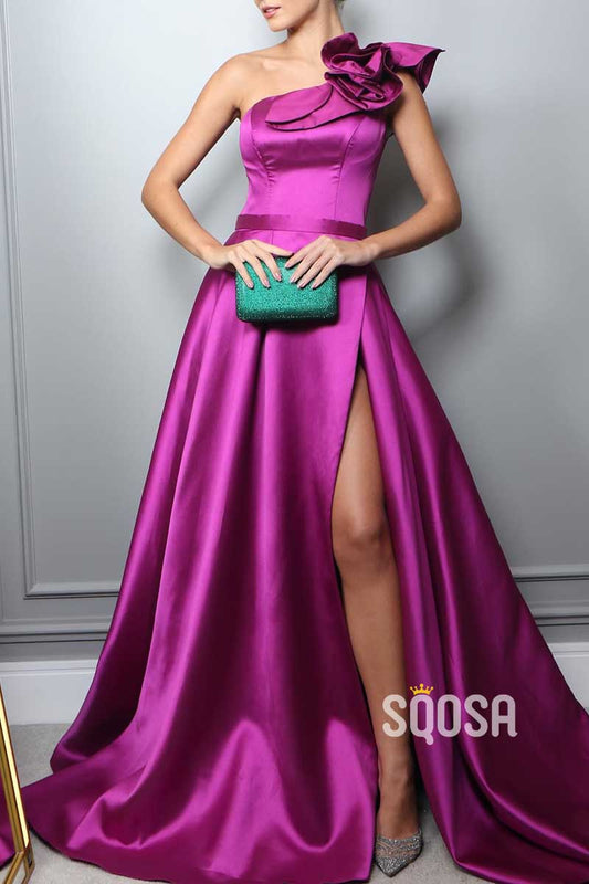A-Line One Shoulder Ruffled With Side Slit Party Prom Evening Dress QP3447