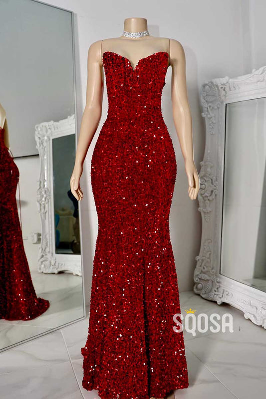 Sexy Trumpet Strapless Fully Sequined Party Prom Evening Dress For Black Women QP3442