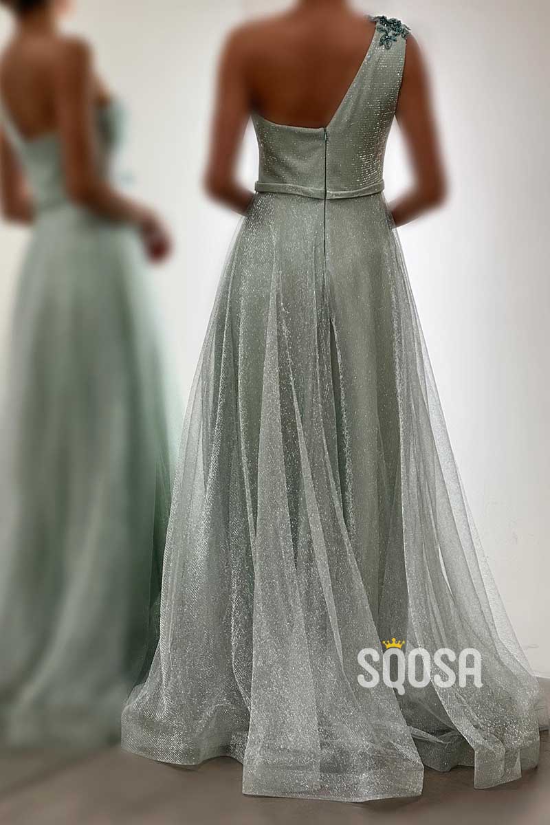 One Shoulder Tulle A-Line Glitter Floral Embellished Party Prom Evening Dress QP3415