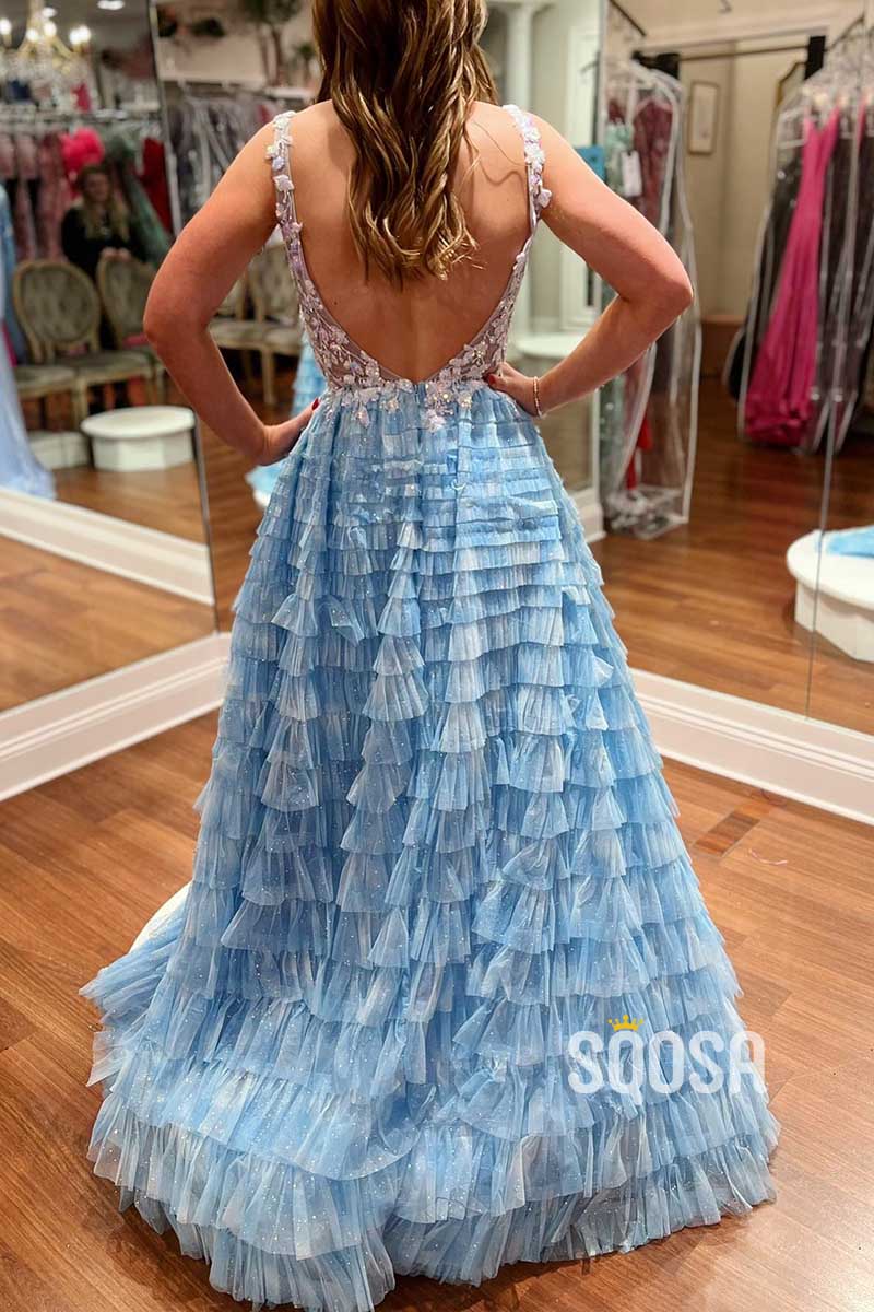 Bateau A-Line Illusion Appliques Tiered With Side Slit Tulle Prom Dress QP3400