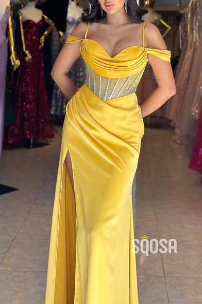 Off-Shoulder Empire Beaded Pleats With Side Slit Party Prom Evening Dress QP3425