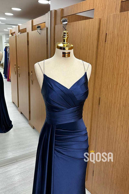 V-Neck Spaghetti Straps Ruched With Train Party Prom Evening Dress QP3435