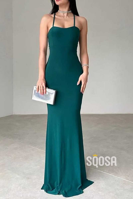 Fitted Spaghetti Straps Sleeveless  Lace-Up Party Prom Evening Dress QP3437