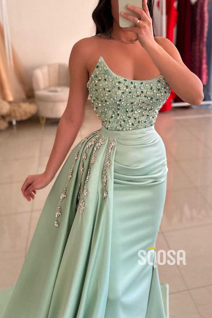 Bateau Strapless Beaded With Side Slit Party Prom Evening Dress QP3434