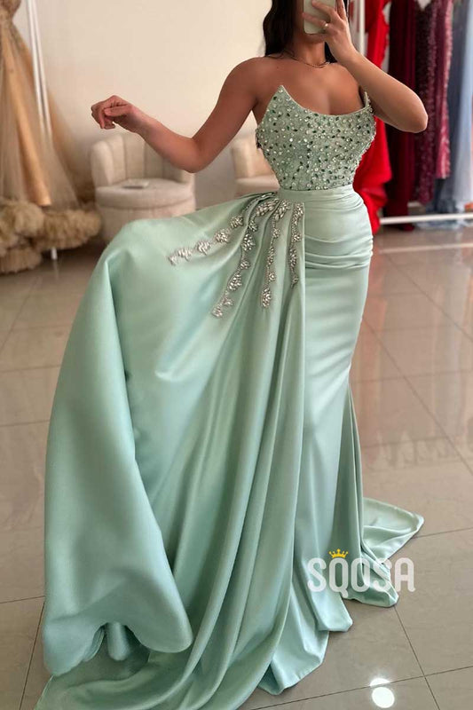 Bateau Strapless Beaded With Side Slit Party Prom Evening Dress QP3434