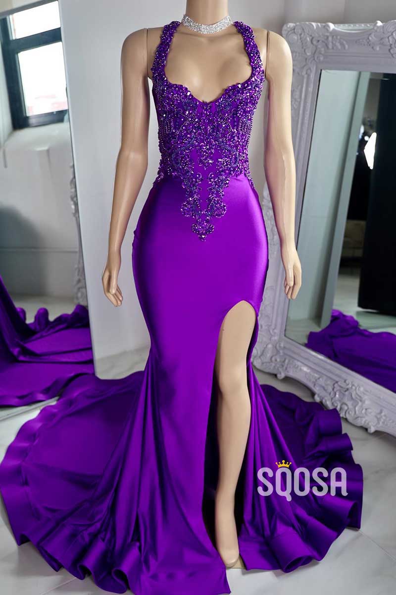 Asymmetrical Spaghetti Straps Beaded Appliques With Side Slit Party Prom Evening Dress QP3436