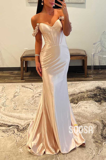 Satin Trumpet Sweetheart Off-Shoulder With Train Party Prom Evening Dress QP3461