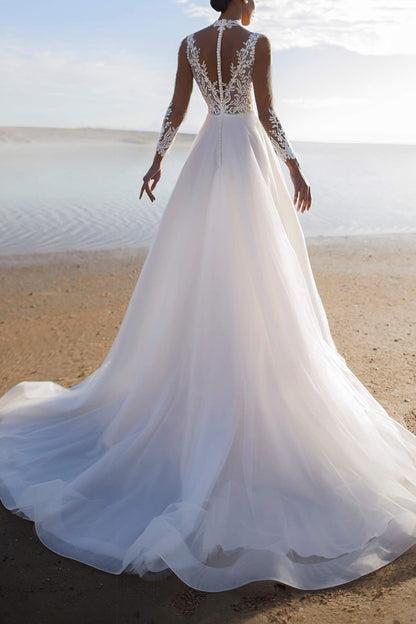 A Line Illusion Neckline Lace Appliques Long Sleeves Boho Wedding Dress QW2642