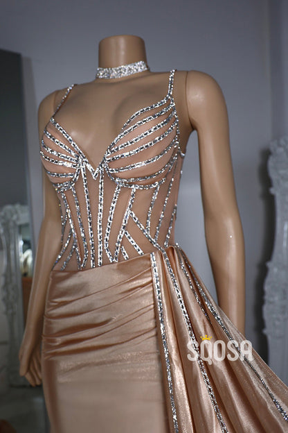Chic V-Neck Spaghetti Straps Beaded With Train Party Prom Evening Dress For Black Women QP3505