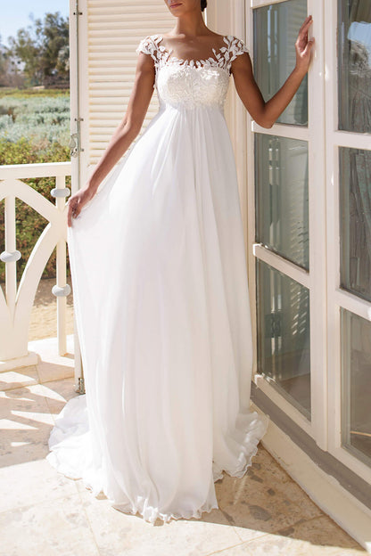 A Line Scoop Cap Sleeves Lace Appliques Beach Wedding Dress QW2623