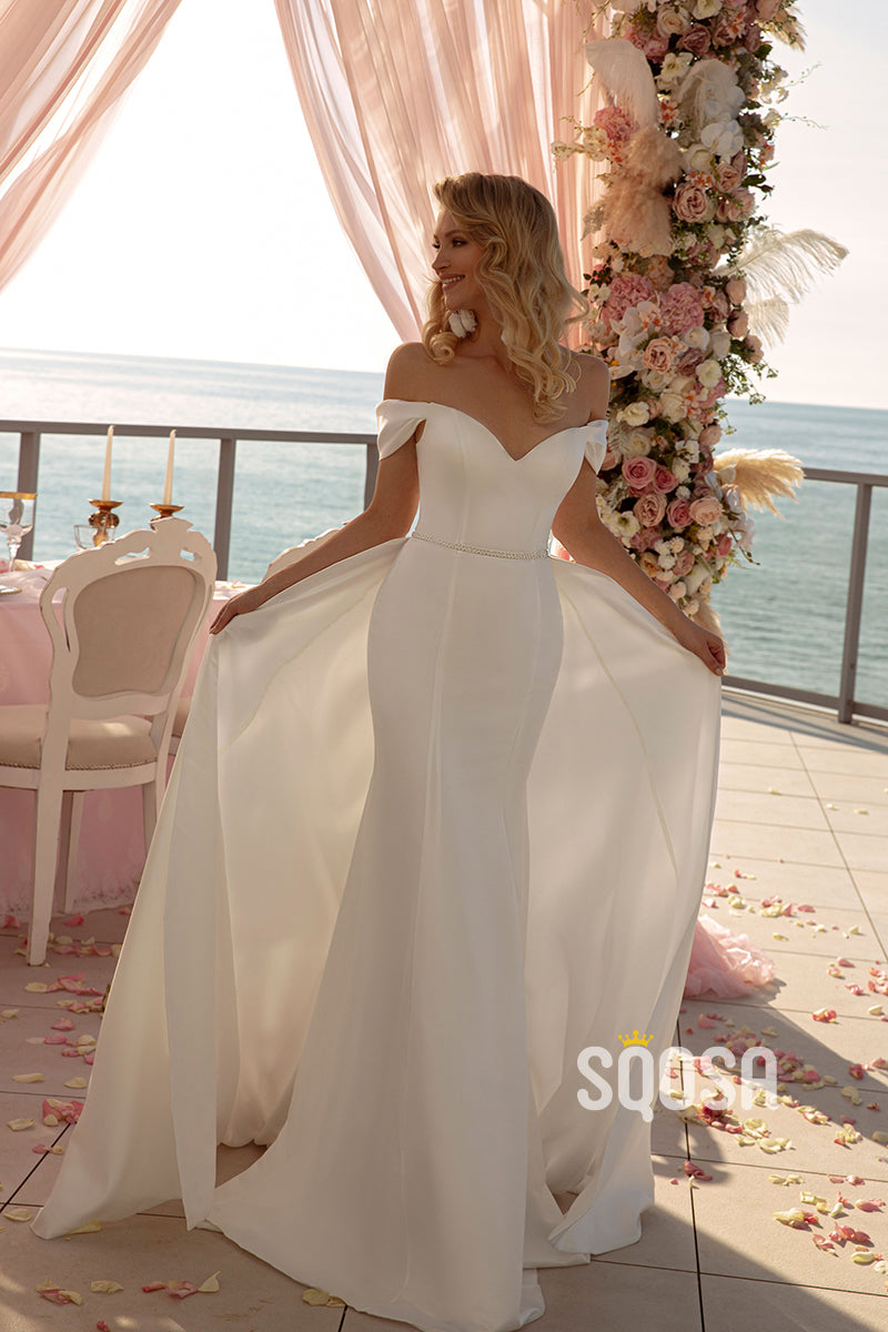 Mermaid Off-Shoulder Casual Wedding Dress Bridal Gowns With Detachable Train QW8075