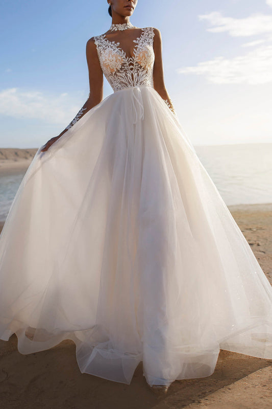 A Line Illusion Neckline Lace Appliques Long Sleeves Boho Wedding Dress QW2642