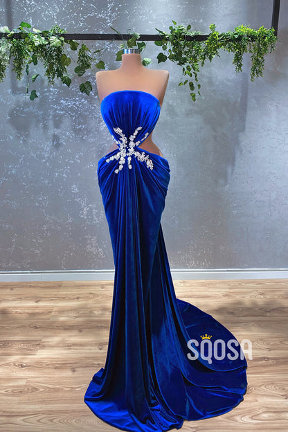 Velvet Beaded Strapless Royal Blue Long Prom Dress With Slit Evening Gowns QP3179