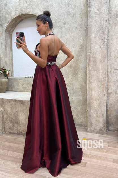 High Neck Halter Beaded Long Prom Dress With Split Evening Gowns QP3219