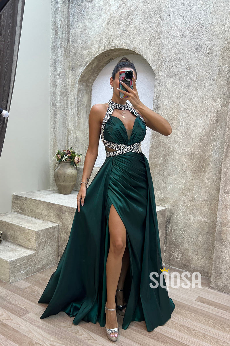 High Neck Halter Beaded Long Prom Dress With Split Evening Gowns QP3219