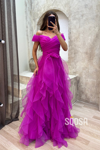 Light Off-Shoulder Pleats Tulle Long Prom Dress With Split Evening Gowns QP3218