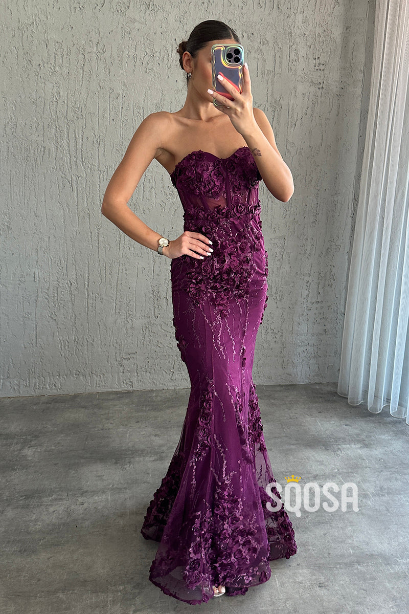 Mermaid Strapless Applique Illusion Long Prom Dress Evening Gowns QP3222