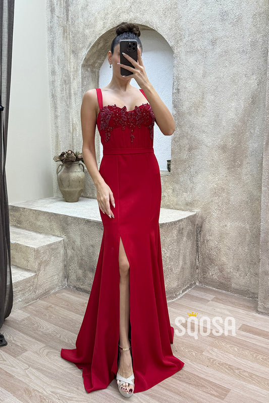 Sheath Straps Beaded Long Prom Dress With Split Evening Gowns QP3221