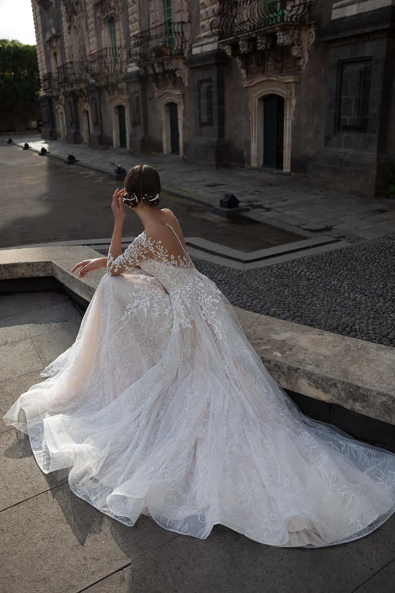 A Line Illusion Neckline Lace Long Sleeves Wedding Dress QW2643