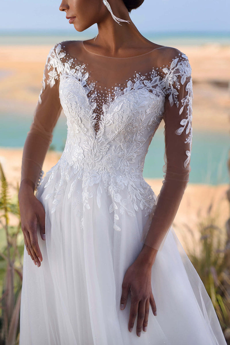A Line Illusion Neckline Lace Appliques Long Sleeves Wedding Dress QW2631