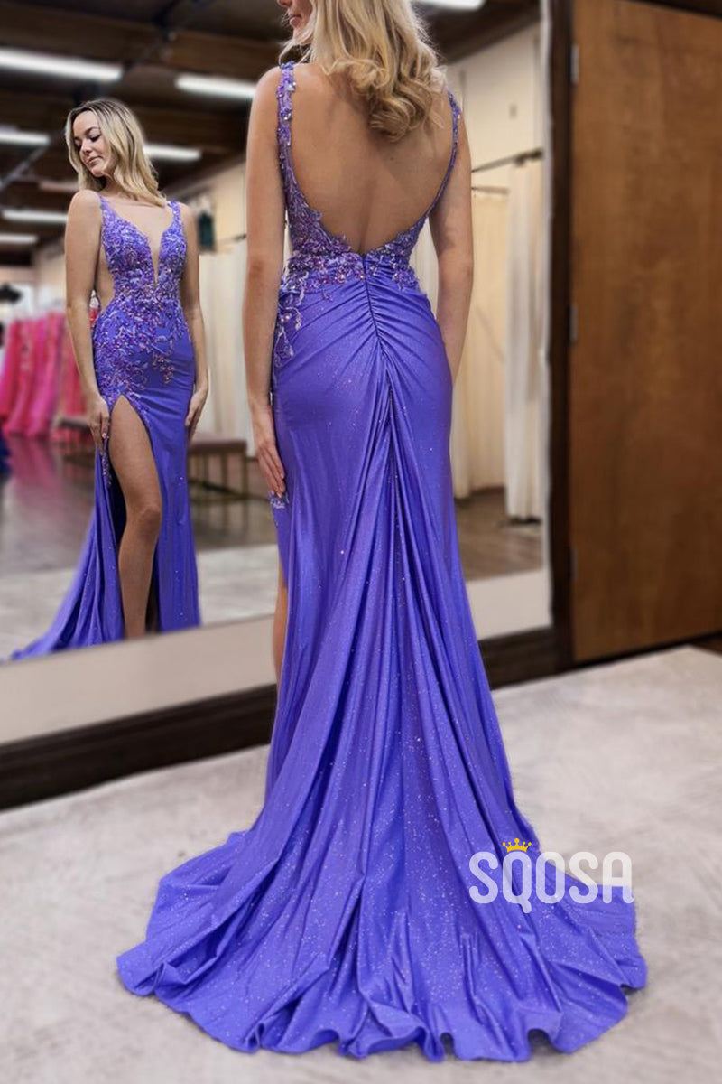 V-Neck Spaghetti Straps Embroidery Appliques With Side Slit Party Prom Evening Dress QP3299