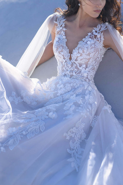 A Line V-Neck Lace Appliques Rustic Wedding Dress QW2624