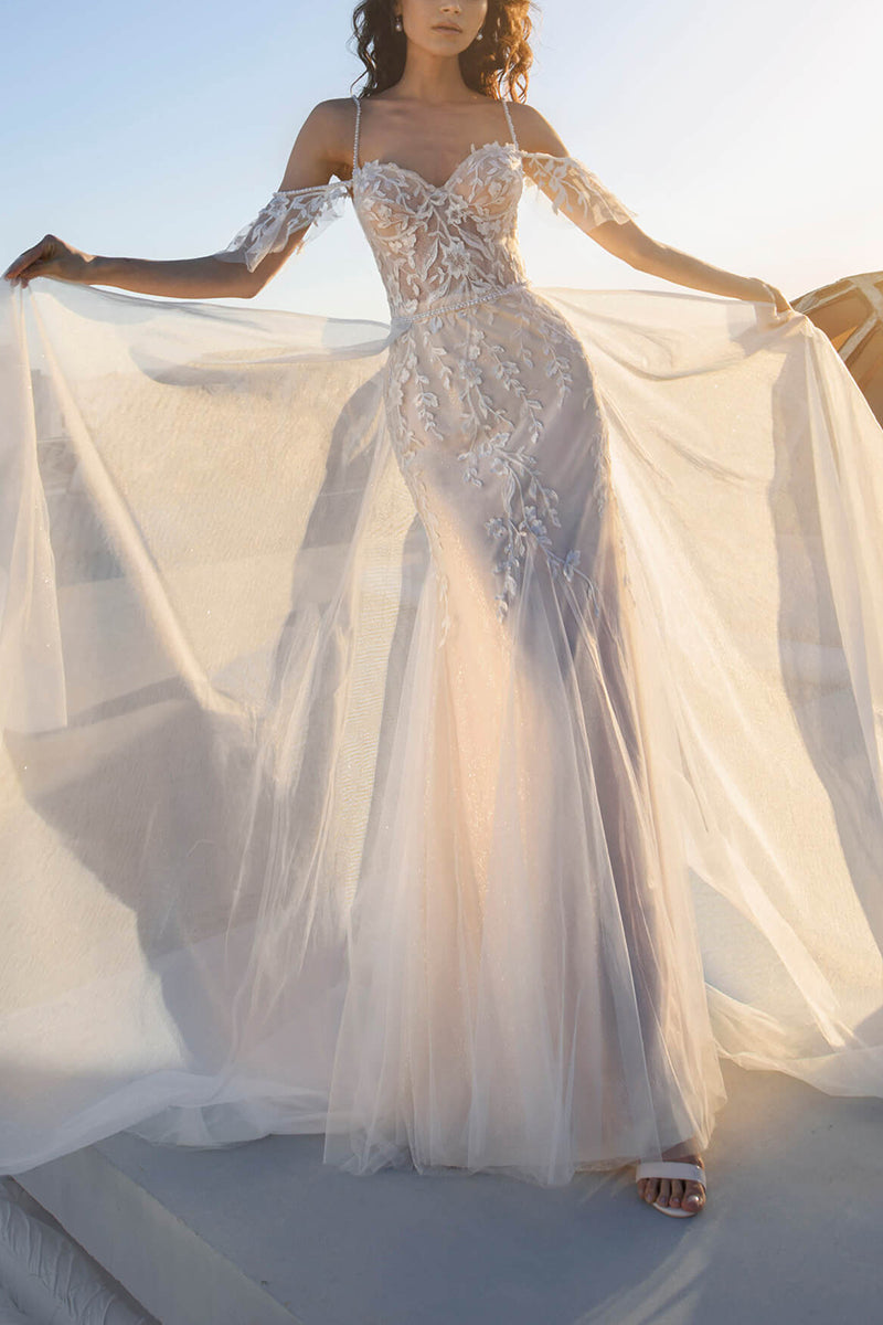 Spaghetti Straps Lace Appliques Mermaid Wedding Dress with Detachable Skirt QW2640