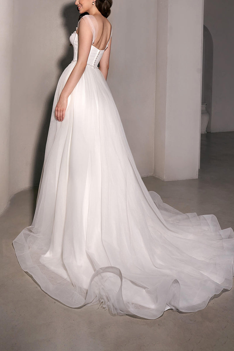 A Line Sweetheart Beads Tulle Simple Wedding Dress QW2645
