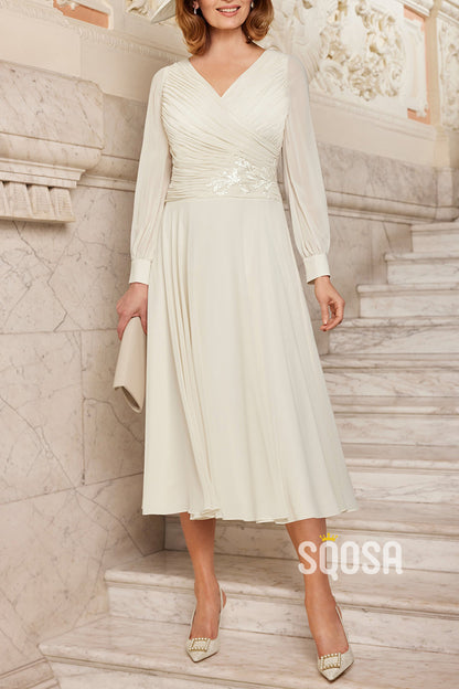 Elegant  A-Line V-Neck Long Sleeve Appliques Mother of the Bride Dress QM3326