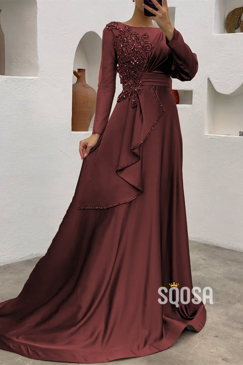 A-Line Applique Pleats Mother of the Bride Dress Elegant Evening Gown QM3255