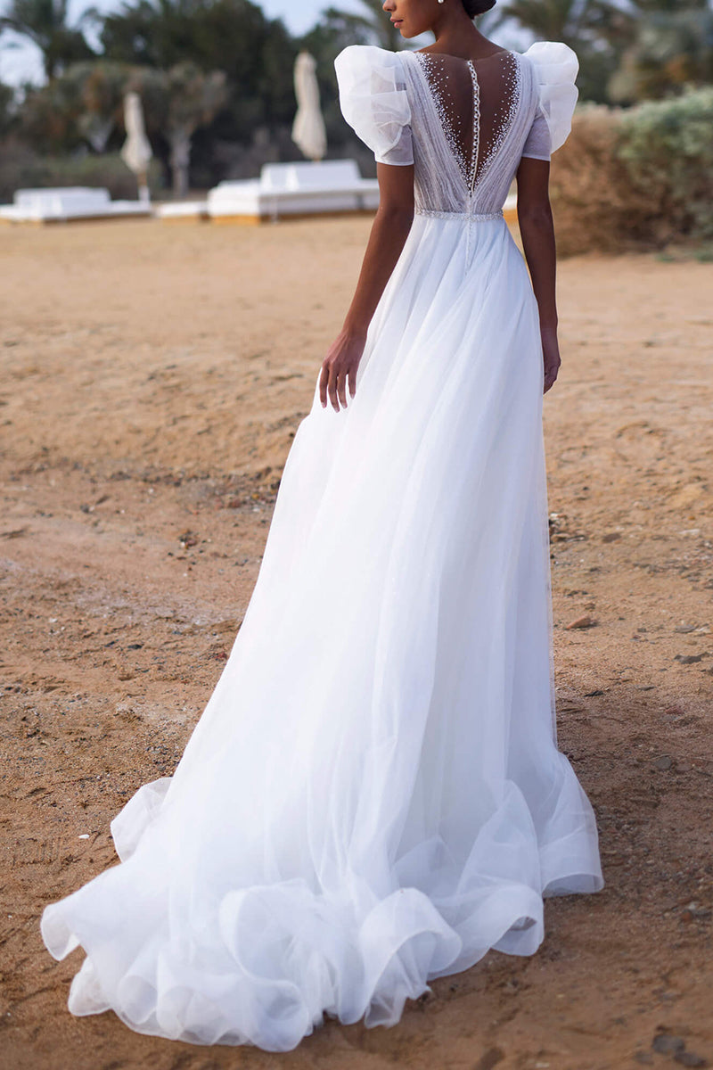 A Line Illusion Neckline Beads Short Sleeves Rustic Wedding Dress QW2637