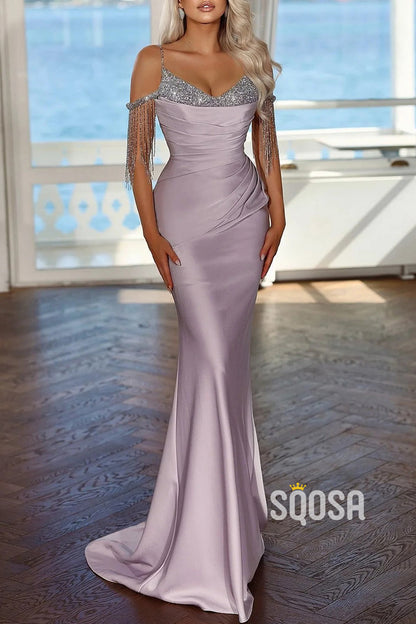 Lilac Off-Shoulder Beaded Satin Pleats Long Prom Dress With Split Evening Gowns QP3233