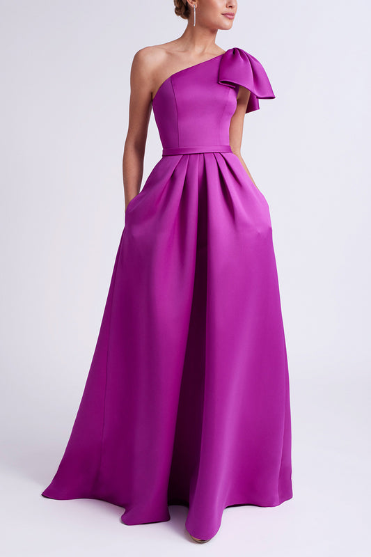 Chic Satin A-Line One Shoulder Bowknot With Pockets Mother of the Bride Dress QM3356