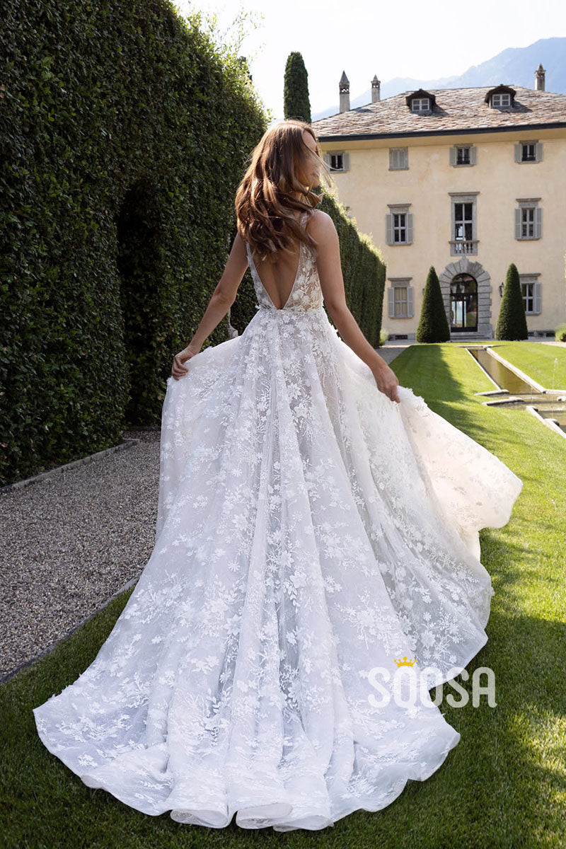A-Line V-Neck Applique Illusion Train Wedding Boho Dress Bridal Gowns QW8036