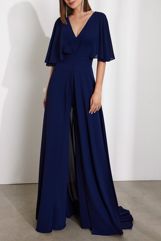 Chiffon A-Line V-Neck Half Sleeves With Train Cocktail Party Dress QM3338