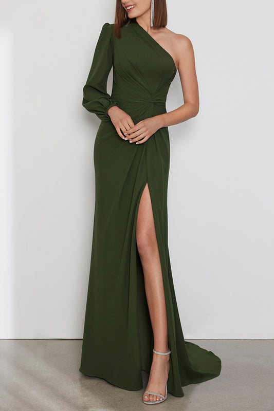Sexy One Shoulder Long Sleeve With Side Slit Cocktail Dress QM3336