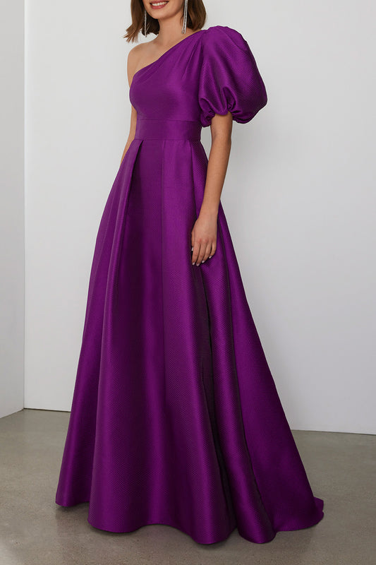 A-Line One Shoulder Puff Sleeves Empire Satin Cocktail Evening Dress QM3351