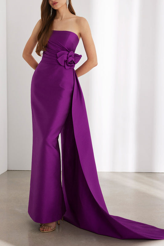 Simple Fitted Strapless Empire With Train Cocktail Evening Dress QM3342